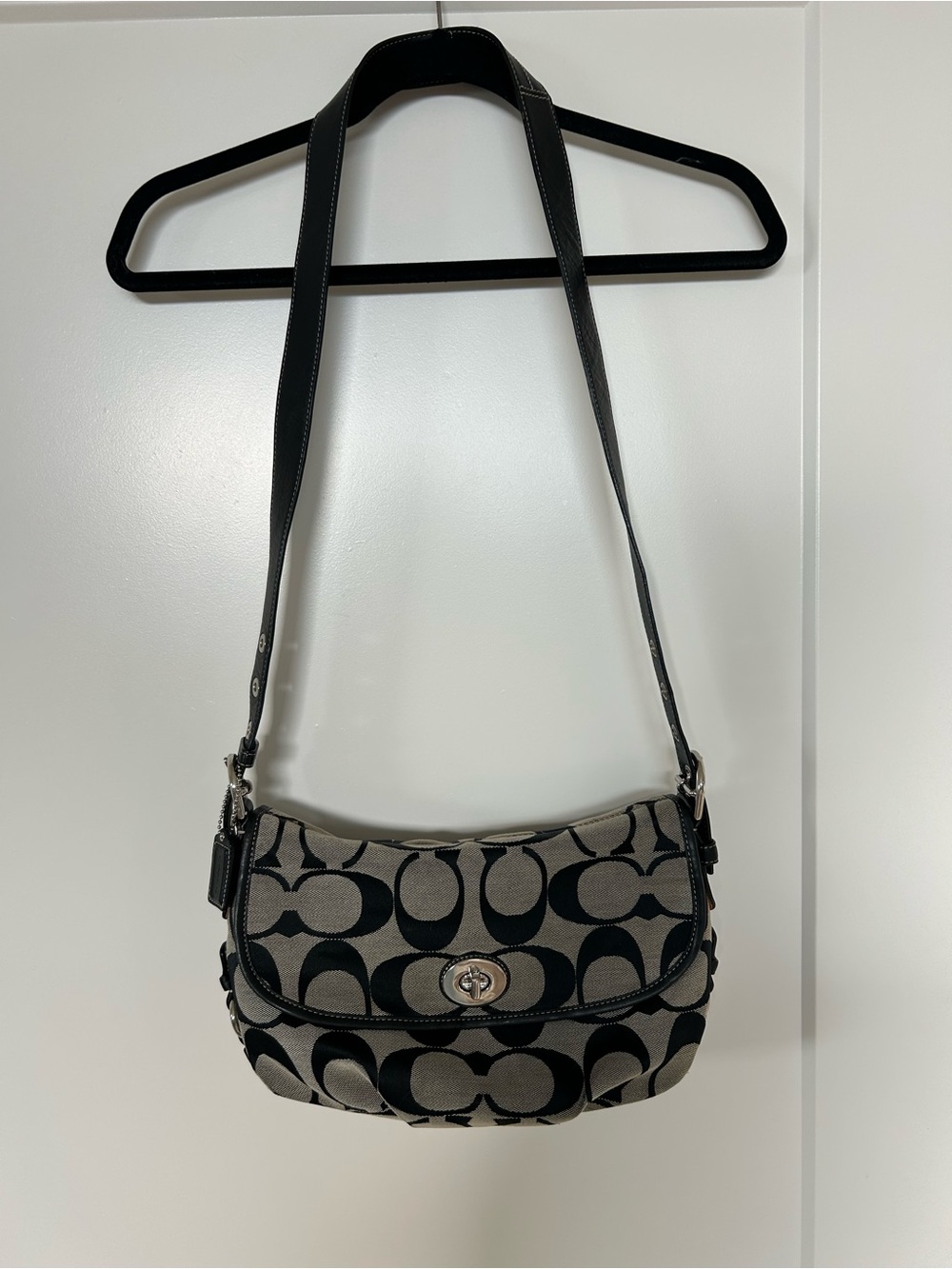 Coach Black and Khaki Signature Canvas Turnlock Shoulder Bag